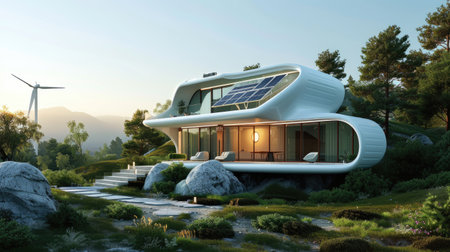 A house surrounded by natural landscape, with solar panels and wind turbines, blending art and sustainability in the modern world. AIG41の素材