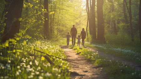A woman and child stroll through a forest, hand in hand, amidst trees, plants, and natural woodland landscape. AIG41の素材
