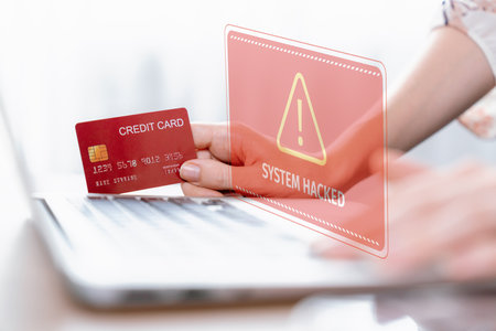 Customer watching hologram interface warn danger of credit card hacked while using cashless...