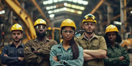 group portrait of construction workers with background of excavation machinery aigx04の素材