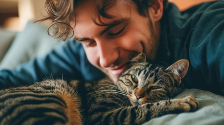 happy people at home with favorite pet , love and friendship of human and animal pragmaの素材