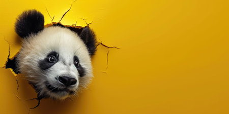 Close up view picture of the hollow yellow hole on the the wall that show the panda stay inside the wall that has been made from some material yet still can break to look through other side. AIGX03.の素材