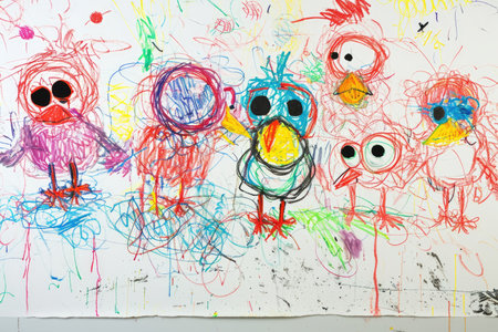 The hand drawing colourful picture of the group of the various type of chicken that has been drawn by the colored pencil or crayon on the white background that seem to be drawn by the child. AIGX01.の素材