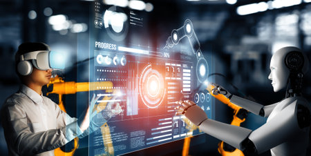 XAI Mechanized industry robot and human worker working together in future factory. Concept of...