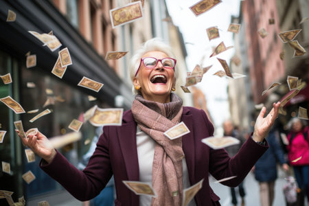 Happy person getting bonus money and banknotes flying in the air and get lucky rich and financial freedom comelinessの素材
