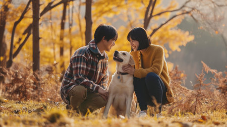 playful dog and its owner in nature outdoor , healthy lifestyle pragmaの素材
