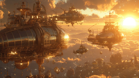 Fantasy steampunk airships float amongst clouds against a dramatic sunset backdrop, evoking adventure and exploration. Resplendent.の素材