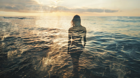 The picture of the young or adult female human doing the standing pose for relaxation or meditating the mind in the middle of the nature under bright sun in the daytime of a dawn or dusk day. AIGX03.の素材