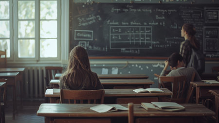 Vintage-style classroom with students focused on a teacher giving a lecture in front of a chalkboard. AIG41の素材
