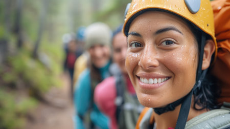 A happy woman wearing backpack and water on her face, smiling with cool water drops on her nose, eyebrows, eyelashes, and jaw, enjoying her travel adventure with stylish eyewear. AIG41の素材