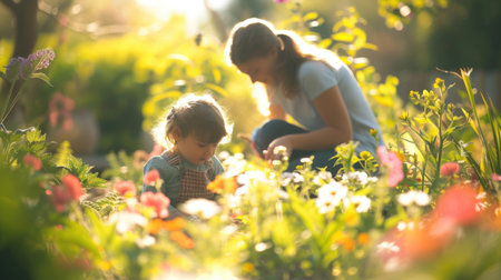A boy and a girl happily picking flowers in a natural environment, sharing a joyful moment amidst the plant-filled garden. AIG41の素材