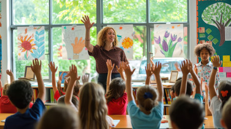 A joyful crowd of children in a classroom eagerly raise their hands, ready to share their answers, creating a lively and engaging community of learners. AIG41の素材