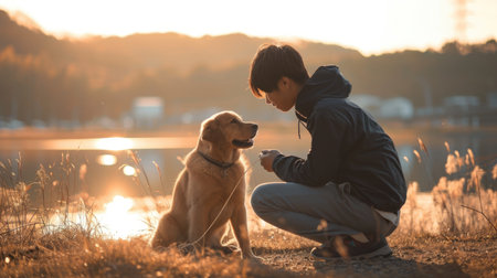 playful dog and its owner in nature outdoor , healthy lifestyle pragmaの素材