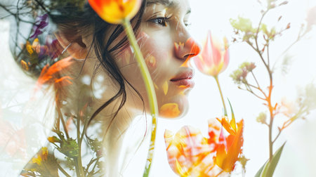 The closeup double exposure picture between young adult beautiful female caucasian human and bright beautiful nature in the morning or evening that the picture stand for peaceful of the life. AIGX01.の素材