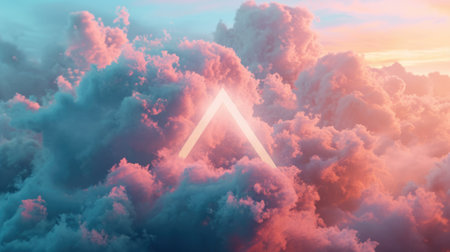 The great orange neon floating triangle beyond the sky that surrounded with cloudscape at the dawn or dusk time of the day that shine the light and bright to the every part of the endless sky. AIGX03.の素材