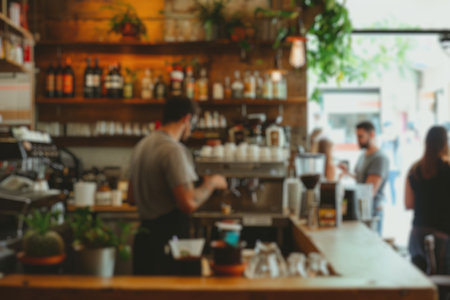 Blurred background of a busy coffee shop with patrons enjoying their drinks and baristas crafting coffee, creating a lively community space. Resplendent.の写真素材