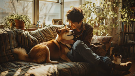 happy people at home with favorite pet , love and friendship of human and animal pragmaの素材