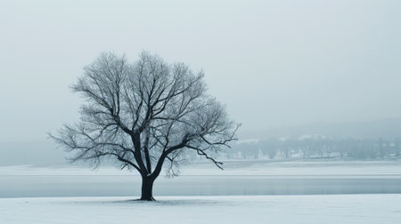 The picture of the single tree that has been covered with white snow in the middle of the empty snow land in the winter season and light from the sun can make everything bright clear on land. AIGX03.の素材
