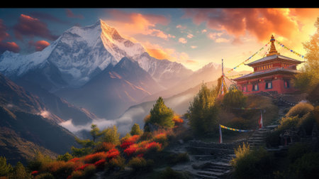 A serene temple adorned with colorful prayer flags stands against the backdrop of majestic snowy mountains illuminated by the sunrise. Resplendent.の素材
