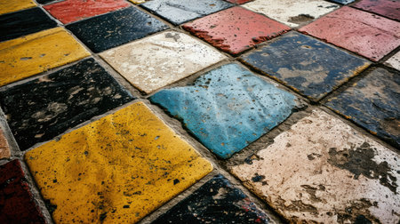 The picture of the colorful multiple tiles that has been use on the ground inside of the building that has been taken in the daytime of the bright day of the sun in the morning of the years. AIGX01.の素材