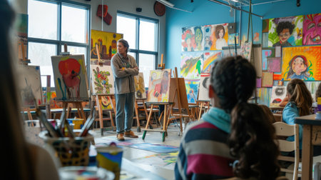 A group of individuals are seated around tables, enjoying an artistic event in a studio furnished with chairs and tables. This leisurely gathering fosters sharing and appreciation of visual artsの素材