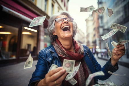 Happy person getting bonus money and banknotes flying in the air and get lucky rich and financial freedom comelinessの素材