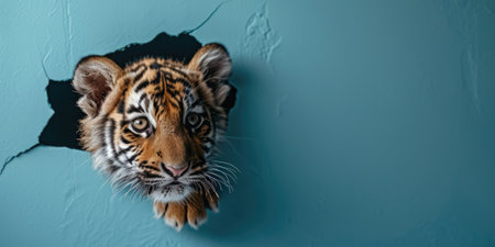 Close up view picture of the hollow blue hole on the the wall that show the tiger stay inside the wall that has been made from some material yet still can be break to look through other side. AIGX03.の素材