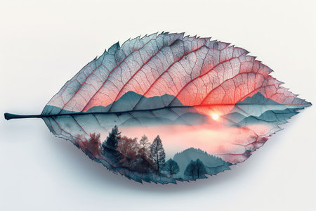 leaf double exposure with beautiful nature background showing concept of sustainability and environmental conservation. aigx04の素材