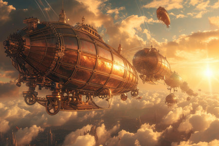 Fantasy steampunk airships float amongst clouds against a dramatic sunset backdrop, evoking adventure and exploration. Resplendent.の素材