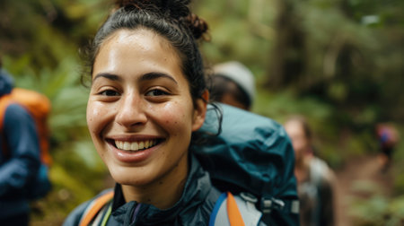 A happy woman wearing backpack and water on her face, smiling with cool water drops on her nose, eyebrows, eyelashes, and jaw, enjoying her travel adventure with stylish eyewear. AIG41の素材
