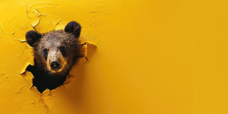 Close up view picture of the hollow yellow hole on the the wall that show the bear stay inside the wall that has been made from some material yet still can be break to look through other side. AIGX03.の素材