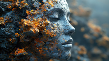 The adult female human head look at side view in the contemplation that has been created from the scattered and uncompleted colourful jigsaw puzzles by gather them in form of the woman head. AIGX03.の素材