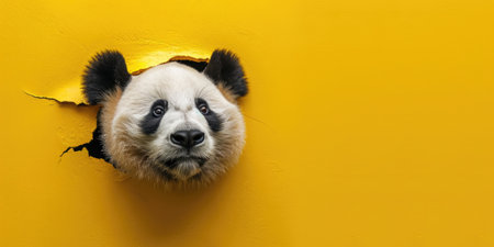 Close up view picture of the hollow yellow hole on the the wall that show the panda stay inside the wall that has been made from some material yet still can break to look through other side. AIGX03.の素材