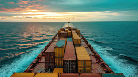 A massive container ship glides gracefully over the vast expanse of liquid beneath the captivating landscape of water, sky, and horizon. AIG41の素材