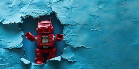 Close up view picture of the hollow blue hole on the the wall that show the robot stay inside the wall that has been made from some material yet still can be break to look through other side. AIGX03.の素材