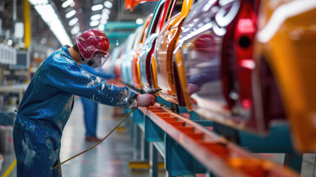 A man is working on a car in a factory, focusing on tires, wheels, automotive lighting, and design. AIG41の素材