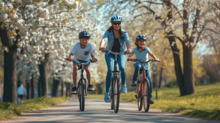 A man and woman happily ride their bicycles through a scenic path, surrounded by plants and nature. AIG41の素材