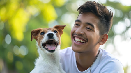 playful dog and its owner in nature outdoor , healthy lifestyle pragmaの素材