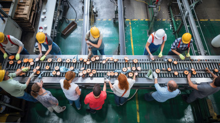 A group of men are engaged in mass production on a conveyor belt in a factory, utilizing machines and engineering skills. AIG41の素材