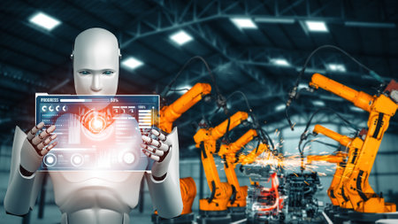 XAI Mechanized industry robot and robotic arms for assembly in factory production. Concept of...