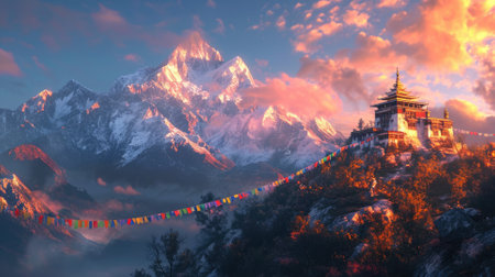 A serene temple adorned with colorful prayer flags stands against the backdrop of majestic snowy mountains illuminated by the sunrise. Resplendent.の素材