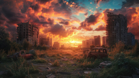 A dramatic sunset casts a fiery glow over an abandoned cityscape, with overgrown vehicles and derelict buildings. Resplendent.の素材