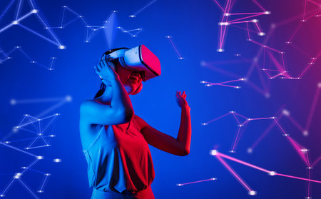 Female standing wearing white VR headset and tank top connecting metaverse, future cyberspace...