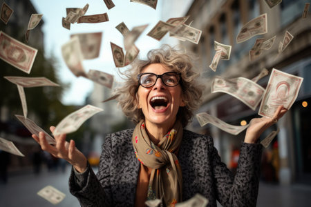 Happy person getting bonus money and banknotes flying in the air and get lucky rich and financial freedom comelinessの素材