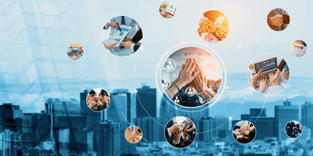 Teamwork and human resources HR management technology concept in corporate business with people group networking to support partnership, trust, teamwork and unity of coworkers in office kudosの写真素材