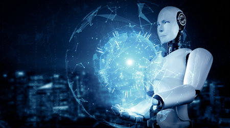XAI 3d illustration AI humanoid robot holding hologram screen shows concept of global communication...
