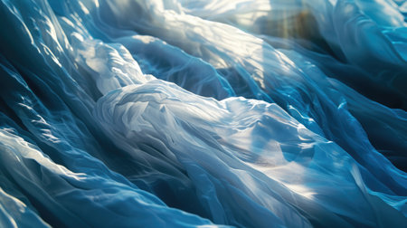 The abstract picture of the wavy blue fabric satin flexible clean cloth of the curtain that waving around under the light in the blank background of the bright room in the daytime of the day. AIGX01.の素材