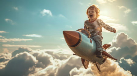 The side view of the picture that has the child flying into the bright sky with the flying object that has been called the rocket yet the size of a rocket so small but it size same with child. AIGX03.の素材