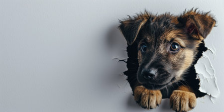 Close up view picture of the hollow white hole on the the wall that show the dog stay inside the wall that has been made from some material yet still can be break to look through other side. AIGX03.の素材