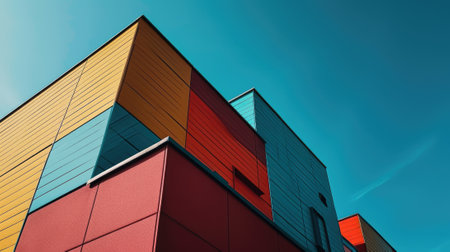 The colourful structure under the bright clear blue sky with the ray of light from brightest sun that cover most part of the building but even that the structure still left some the shadow. AIGX03.の素材